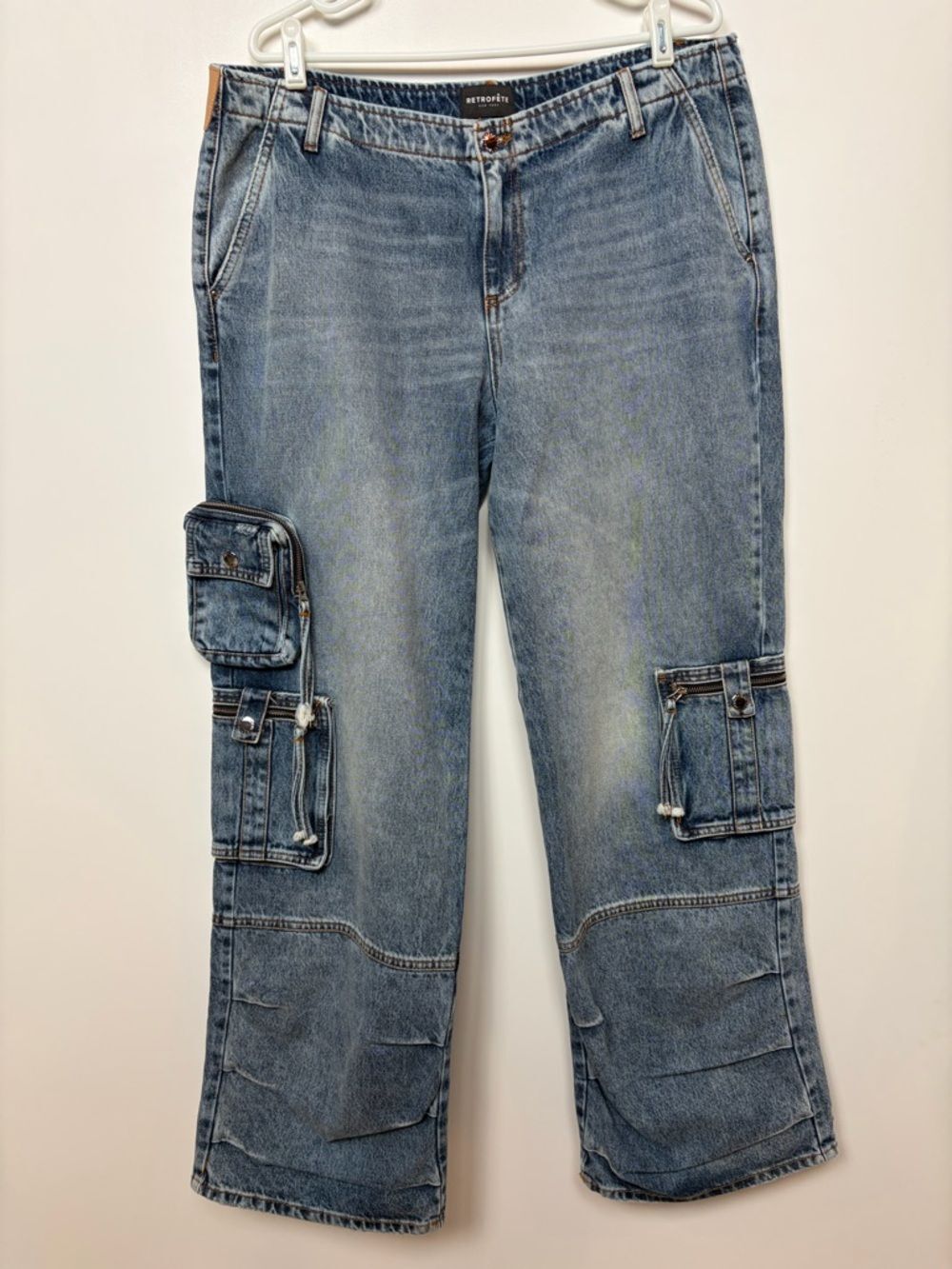 RETROFETE Callum Denim Cargo Pants Alani Blue Cotton Pockets Zip Size 32